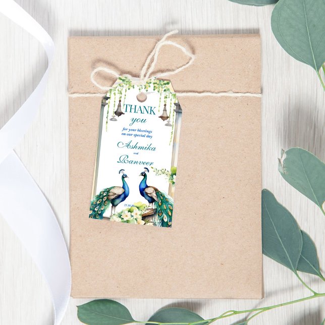 Peacock jasmine indische Hochzeitsvorlage Gunst Ge Geschenkanhänger (Peacock jasmine Indian wedding thank you favor gift tags template modern watercolor peacock tags)