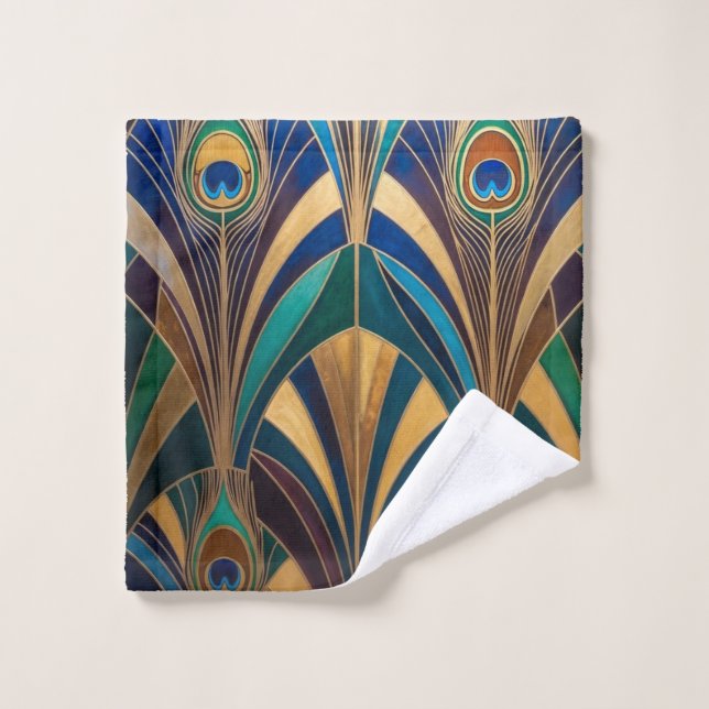Peacock Jewel Tone Art Deco Feather Badhandtuch Set (Waschlappen)