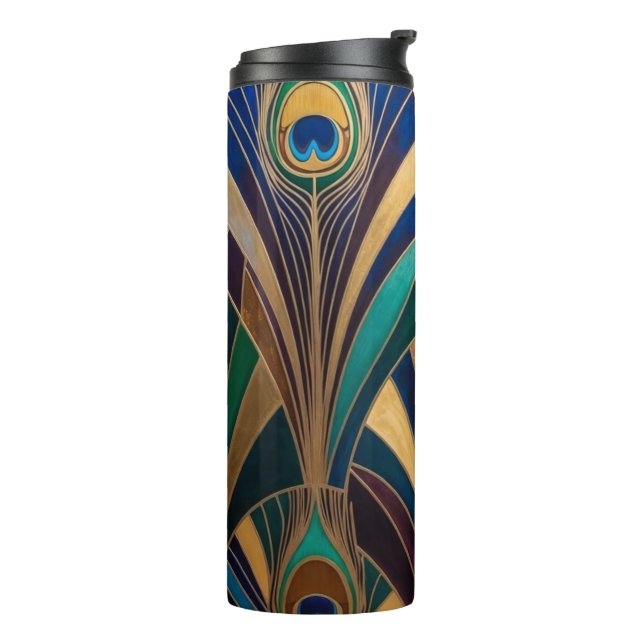 Peacock Jewel Tone Art Deco Feather Thermosbecher (Nach links gedreht)