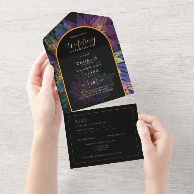 Peacock Jewel Tones Floral Wedding All In One Einladung (Abreißen)