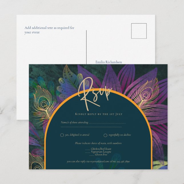Peacock Jewel Tones Green Blue Wedding Postkarte (Vorne/Hinten)