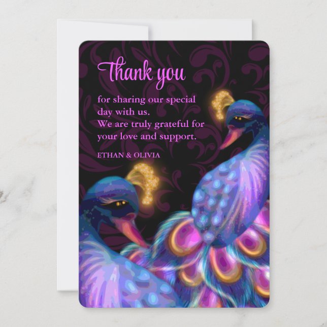 Peacock Jewel Tones Wedding Floral Moody lila Dankeskarte (Vorderseite)