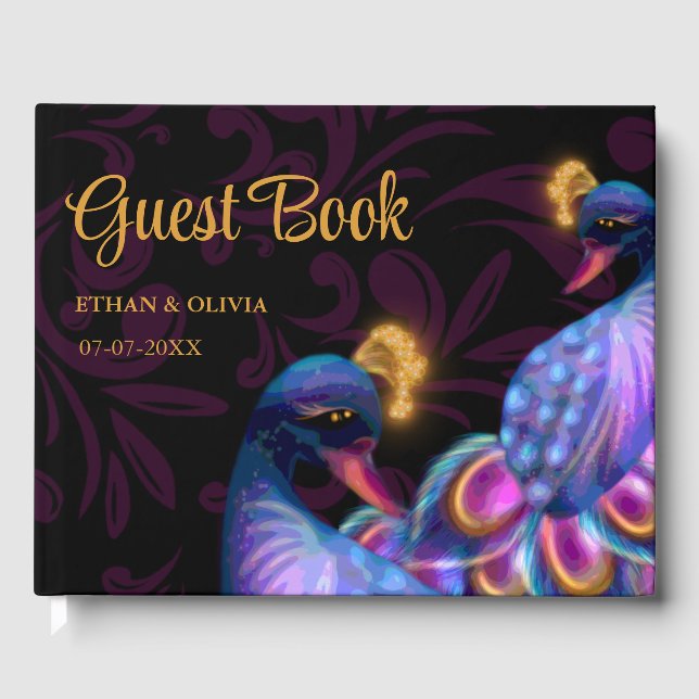 Peacock Jewel Tones Wedding Floral Moody lila Gästebuch (Vorderseite)