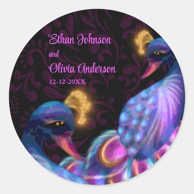 Peacock Jewel Tones Wedding Floral Moody lila Runder Aufkleber (Vorderseite)