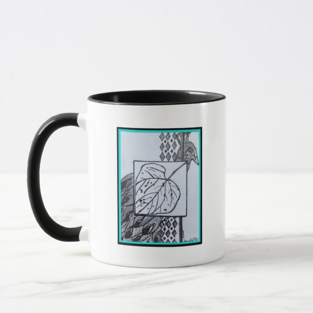 Peacock & Leaf Blk & Whit Ink Turquoise Border Mug Tasse (Links)