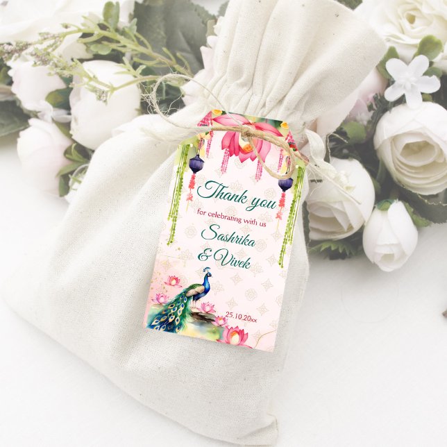 Peacock lotus Indische Hochzeit danke Ihnen für di Geschenkanhänger (Peacock lotus Indian wedding thank you favor Gift Tags pink lotus and peacock themed wedding favor)
