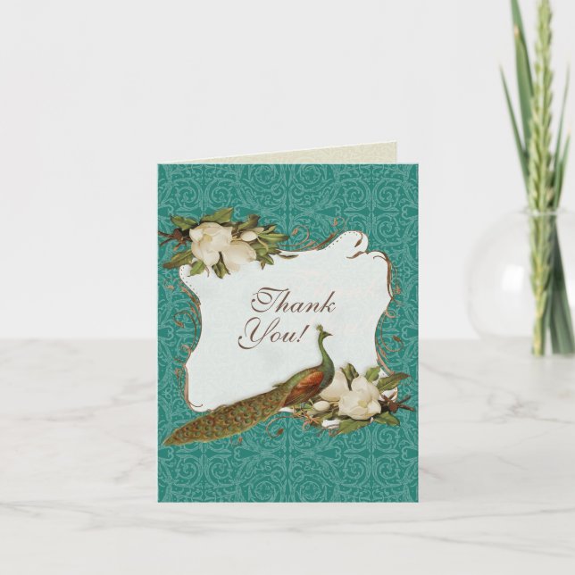 Peacock Magnolia floral Swirl Damask Wedding Dankeskarte (Vorderseite)