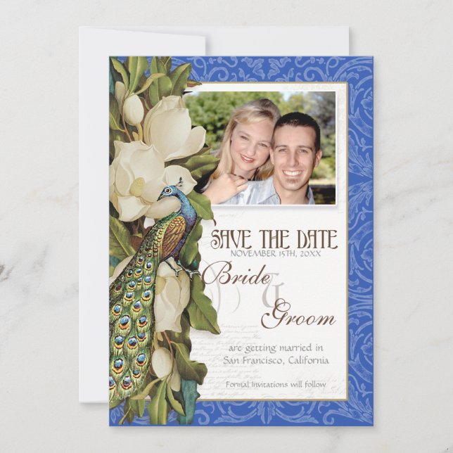 Peacock Magnolia floral Swirl Damask Wedding Einladung (Vorderseite)
