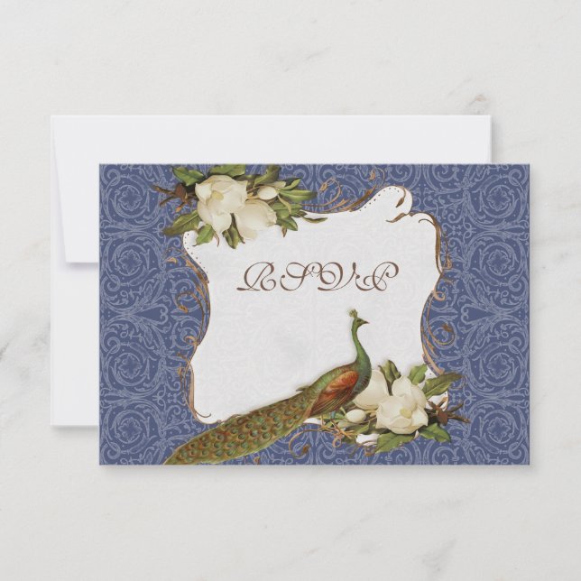 Peacock Magnolia floral Swirl Damask Wedding Navy RSVP Karte (Vorderseite)