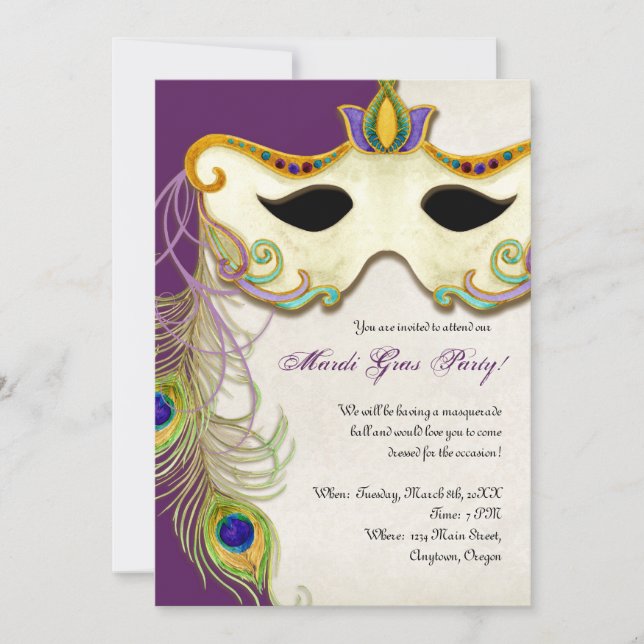 Peacock Masquerade Maske Ball - Mardi Gras Party Einladung (Vorderseite)