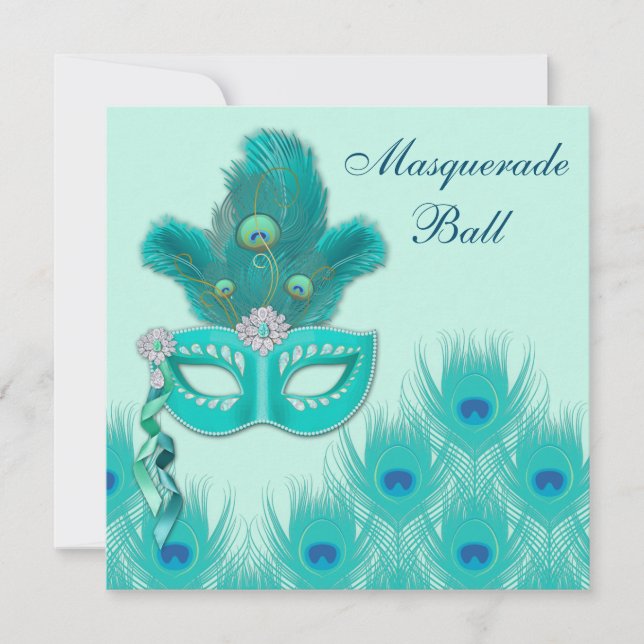 Peacock Masquerade Party Ball Blue Green Aqua Einladung (Vorderseite)