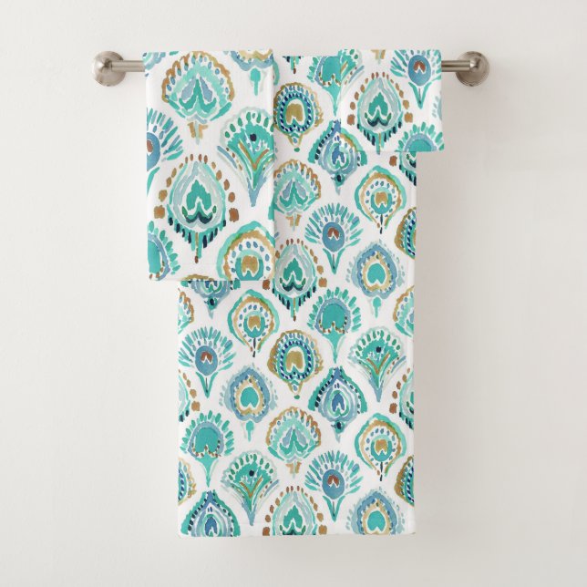 PEACOCK MERMAID Aqua Nautical Scales and Feathers Badhandtuch Set (Insitu)
