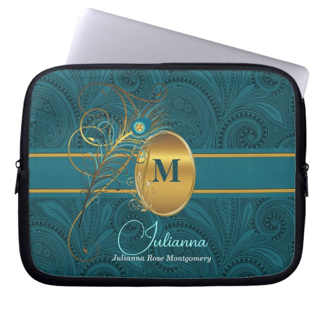 Peacock Mit Monogramm Elegantes Aquamarines Paisle Laptopschutzhülle (Vorderseite)