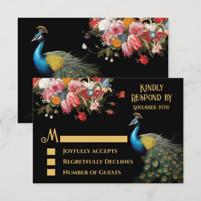 Peacock Moody Floral Indian Wedding RSVP Einladung (Vorne/Hinten)