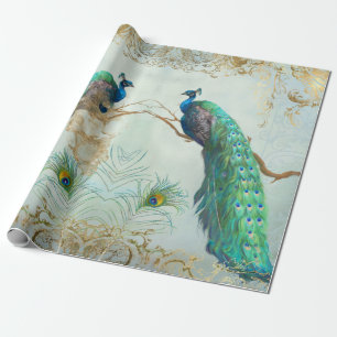 Peacock n Feathers Pair Blue Gold Decoupage Geschenkpapier