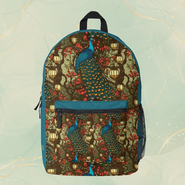 Peacock n Lanterns Persian Teal Plum Initials Bedruckter Rucksack (Von Creator hochgeladen)