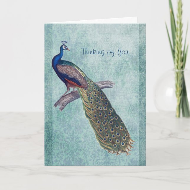 Peacock on Watercolor Damask Thinking of You Dankeskarte (Vorderseite)