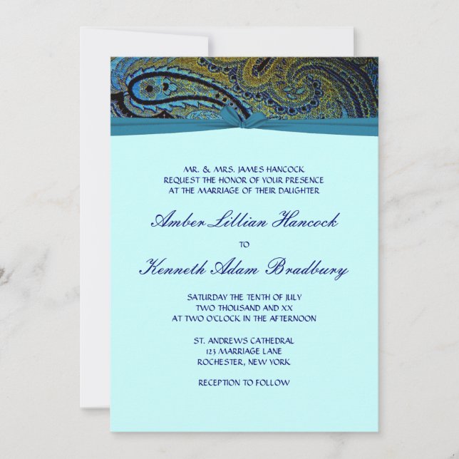 Peacock Paisley Aquamarin Blue Wedding Einladung (Vorderseite)
