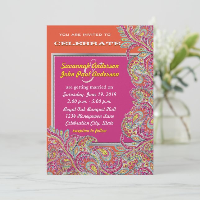Peacock Paisley Mandarine Mustard Yellow Fuchsia Einladung (Stehend Vorderseite)