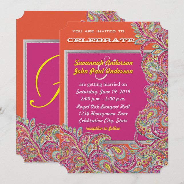 Peacock Paisley Mandarine Mustard Yellow Fuchsia Einladung (Vorne/Hinten)