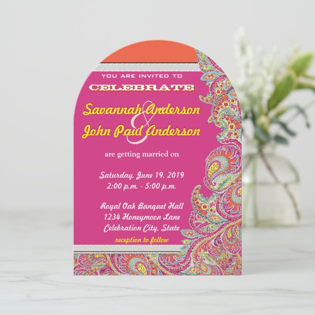 Peacock Paisley Mandarine Mustard Yellow Fuchsia Einladung (Stehend Vorderseite)