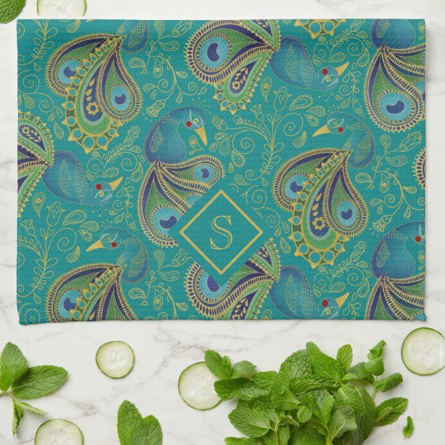 Peacock Paisley Royal Teal Monogram Geschirrtuch (Gefaltet)