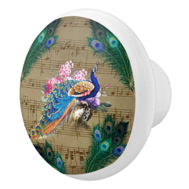 Peacock & Pecock Feathers W/Music Paper Keramikknauf (Rechts)