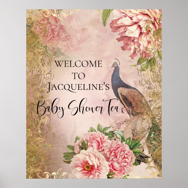 Peacock Peony Floral Blush Pink Gold Decoupage Poster (Vorne)