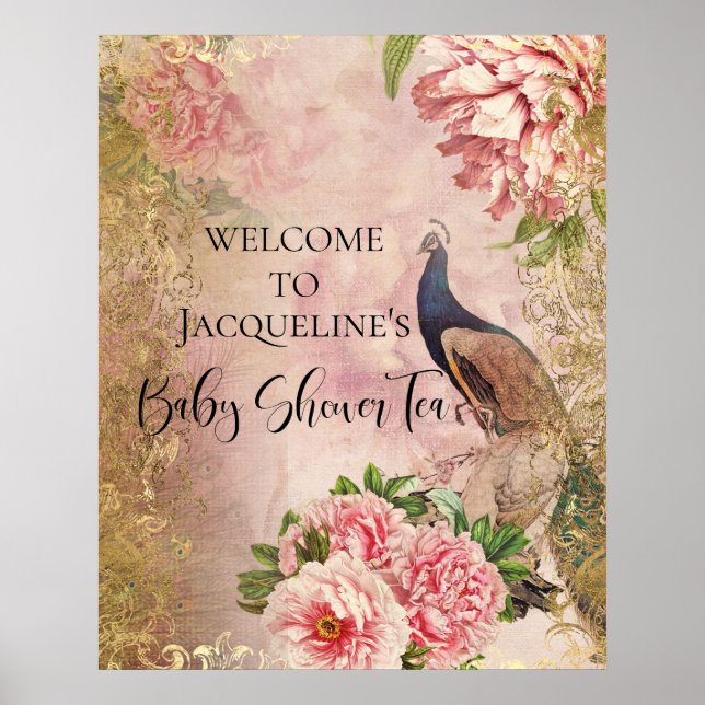 Peacock Peony Floral Blush Pink Gold Decoupage Poster (Vorne)