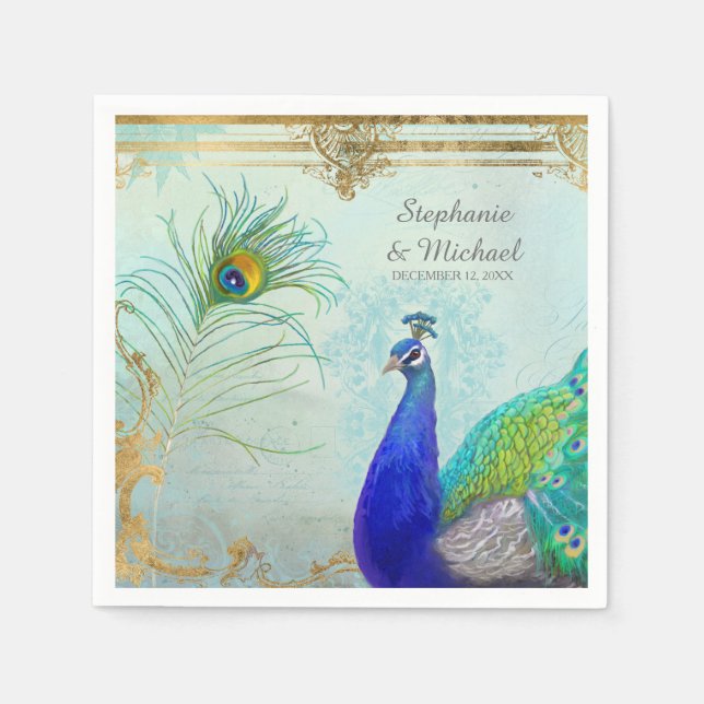 Peacock Pfau Schwanz Feathers Imitats Gold Leaf Sw Serviette (Vorderseite)