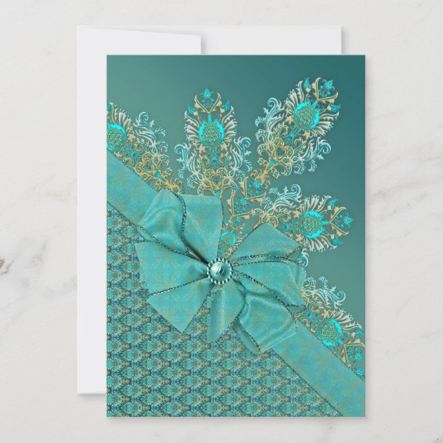 Peacock plumes élégante invitation damasée (Devant)