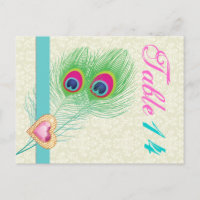 Peacock plumes joyau coeur mariage numéro de table