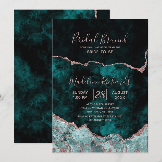 Peacock & Rose Gold Agate Bridal Brunch Einladung (Vorne/Hinten)