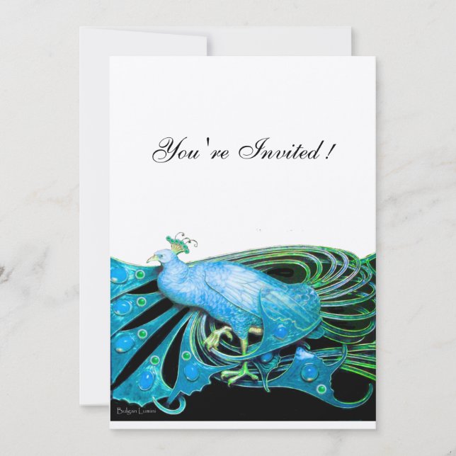 PEACOCK schwarz, blau, gold Metallpapier Einladung (Vorderseite)