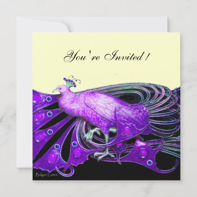 PEACOCK Schwarz, lila, platinmetallisches Papier Einladung (Vorderseite)