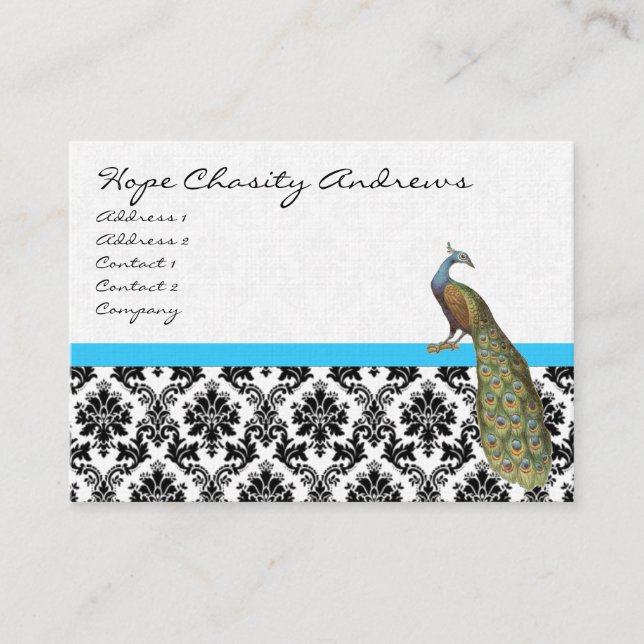 Peacock Schwarz-weiß Damask Bright Aqua Trimm Visitenkarte (Vorderseite)