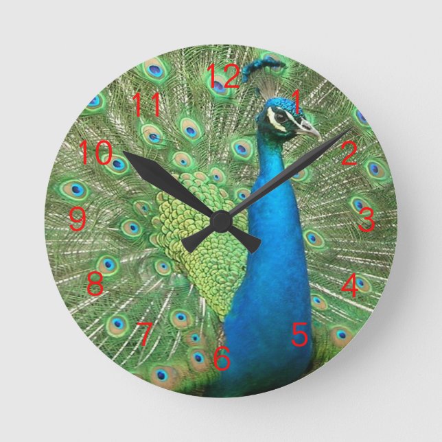 Peacock Strut Clock Red2 Runde Wanduhr (Vorderseite)