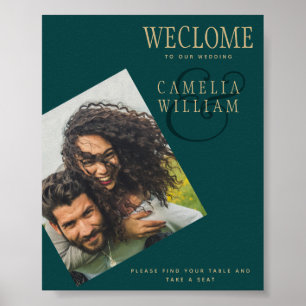 Peacock TEAL Green Gold Wedding PHOTO Welcome SIGN Poster