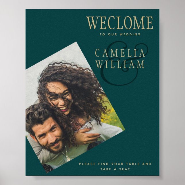 Peacock TEAL Green Gold Wedding PHOTO Welcome SIGN Poster (Vorne)
