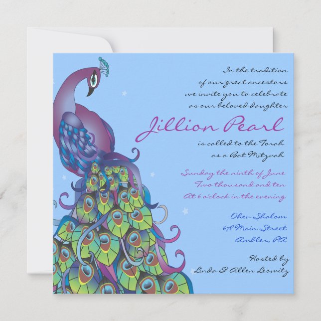 Peacock Thema Bat Mitzvah Einladung Einladung blau (Vorderseite)