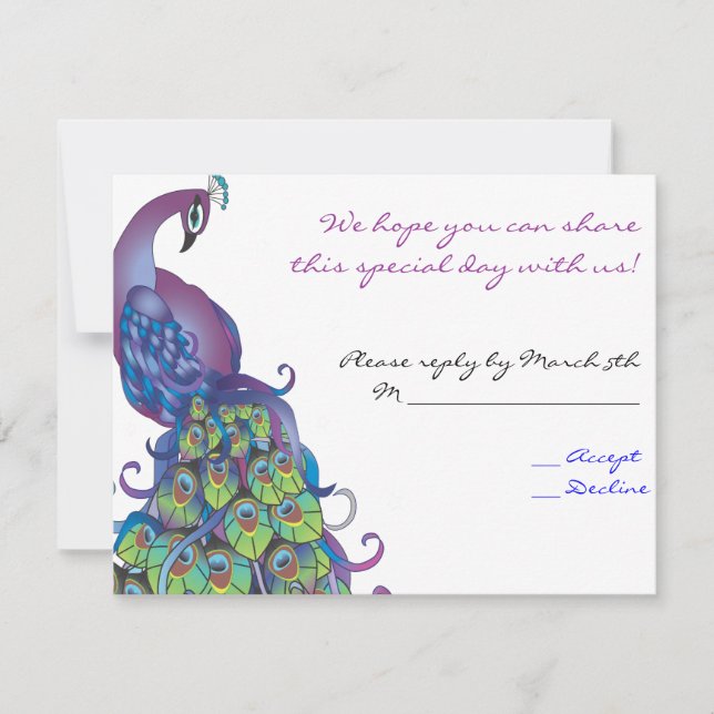 Peacock Theme Wedding Repcard Einladen Blue RSVP Karte (Vorderseite)