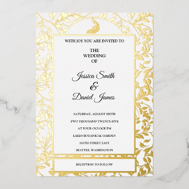 Peacock Vine Wedding Foil Einladung (Vorderseite)