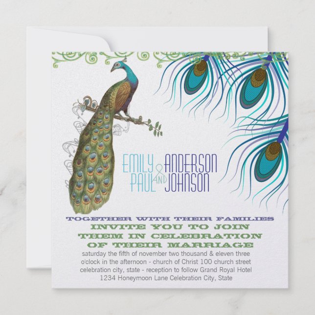 Peacock Vintag 3 Federn mit Peacock Einladung (Vorderseite)