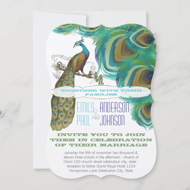 Peacock Vintag 4 Feathers Die Cut Wedding Einladung (Vorderseite)