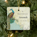 Peacock Vintag Bird Trauzeugin Bridesmaid Keramikornament<br><div class="desc">Aqua,  Blau,  Aquamarin,  Kupfer,  Braun,  Tan,  Beige und Grün mit Imitaten Not Parchment Lace Hintergrund. Peacock Vintag Bird Trauzeugin Bridesmaid. Perfect Favor Geschenk für Bridesmaids für Roaring 20s,  Gatsby,  Mittelalter,  Renaissance,  Vintager Love Bird,  Lovebird,  Whimsical Wedding Theme.</div>