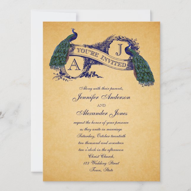 Peacock Vintage Wedding Invitation | Bleu (Devant)