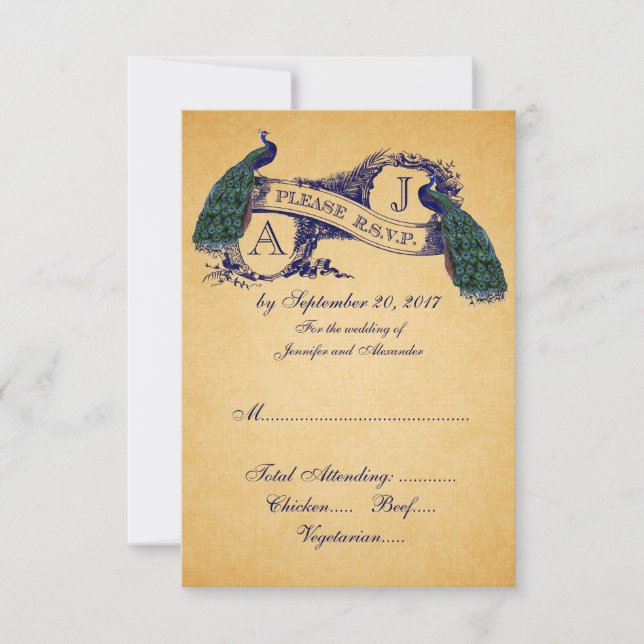 Peacock Vintage Wedding RSVP CARD | Blau (Vorderseite)