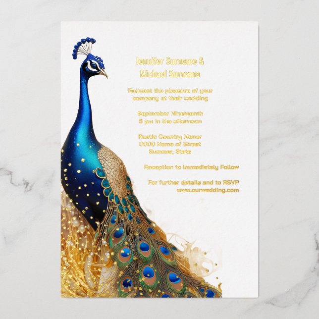 Peacock Vogel Luxus Gold Blau Grün real Folieneinladung (Vorderseite)