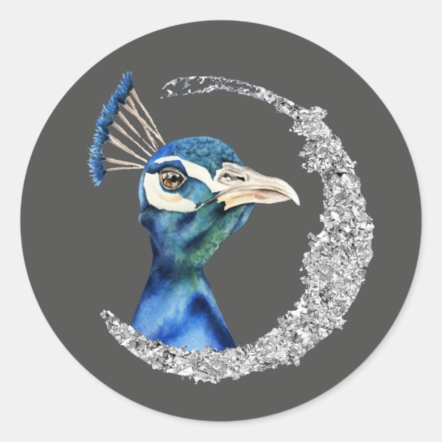 Peacock Wasserfarbe mit Imitaten Silver Glitzer Runder Aufkleber (Vorderseite)