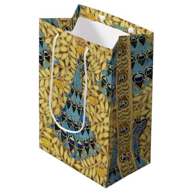 Peacocks Birds Rowan Trees Art Nouveau Mittlere Geschenktüte (Vorderseite Schrägansicht)